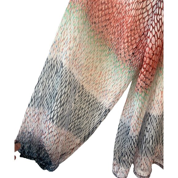 LIVERPOOL Los Angeles Navy + Orange Sheer Printed Women's Peasant Blouse Medium - Picture 6 of 10